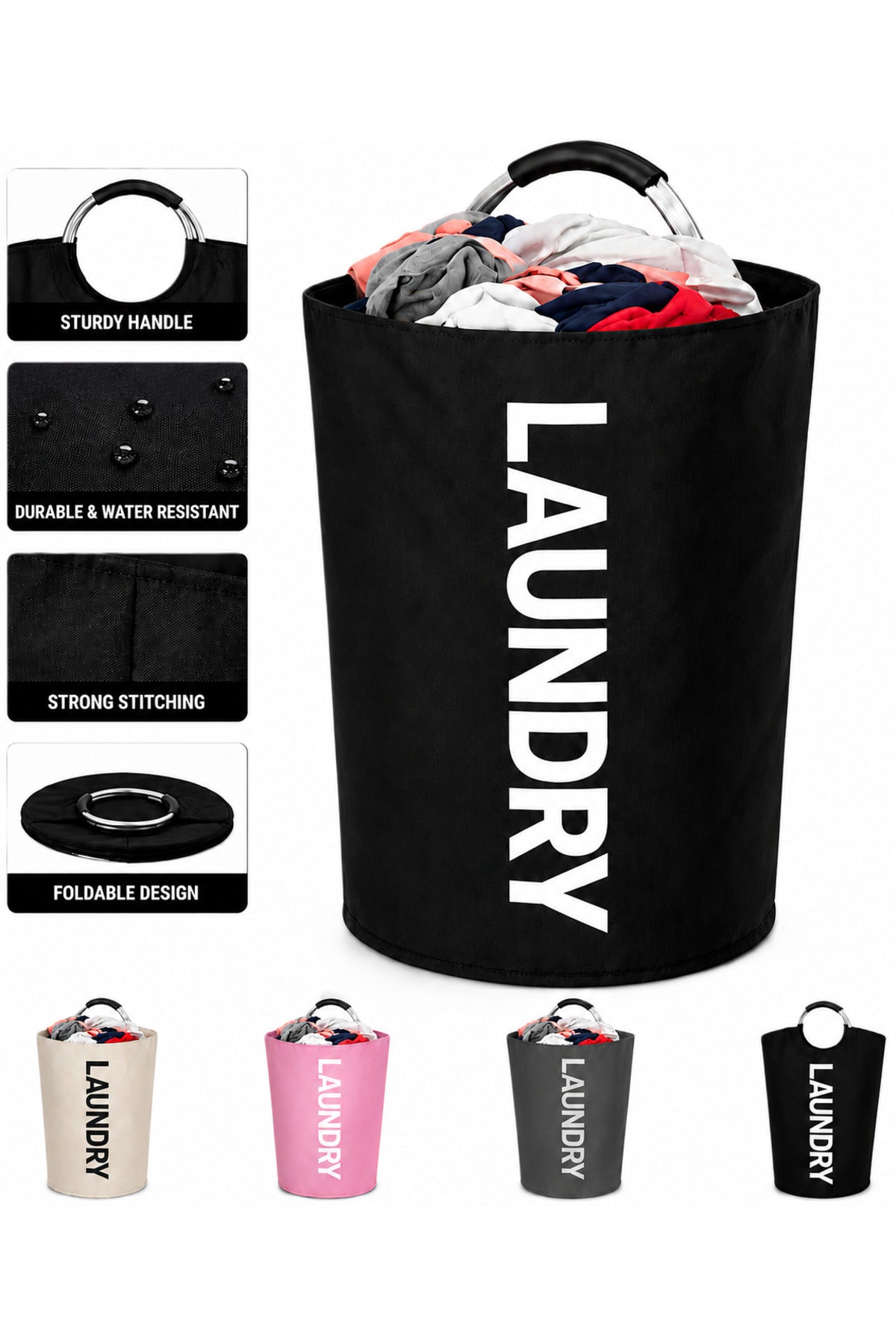 Large Foldable Laundry Basket with Aluminum Comfort Grip Handles Water-Resistant Collapsible Laundry Hamper Heavy Duty Clothe