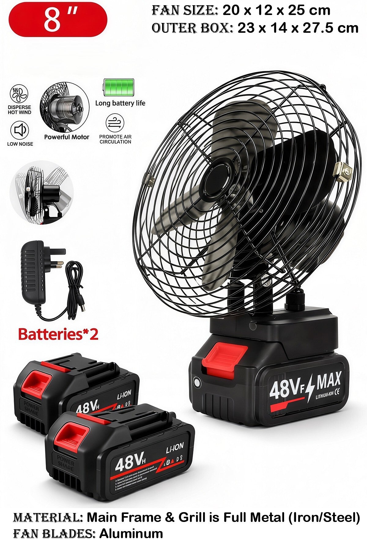 8-inch Rechargeable Desk Top Fan With 2x 48V Lithium Batteries & Power Full Motor for Strong Wind