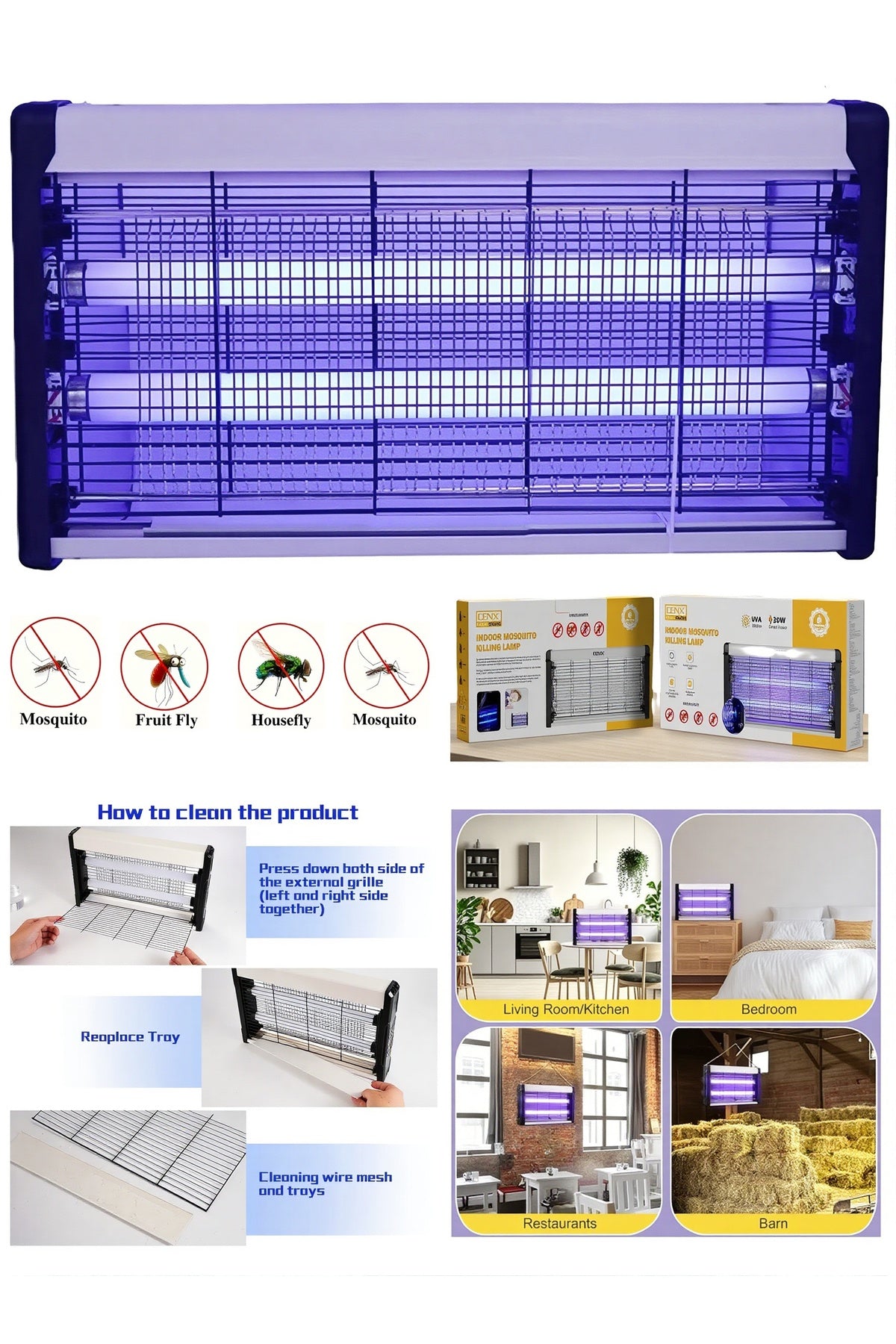 30W Mosquito Killer Lamp Chemical-Free Insect Killer, Electric Bug Zapper & Insect Killer Lamp with UVA Attraction Technology