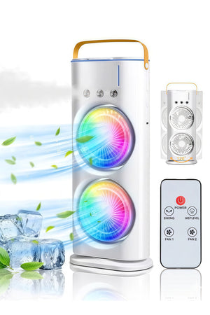 Rechargeable Spray Fan with Remote, Dual Head Mini Tower Fan & Desk Fanwith Humidifier, DX2608