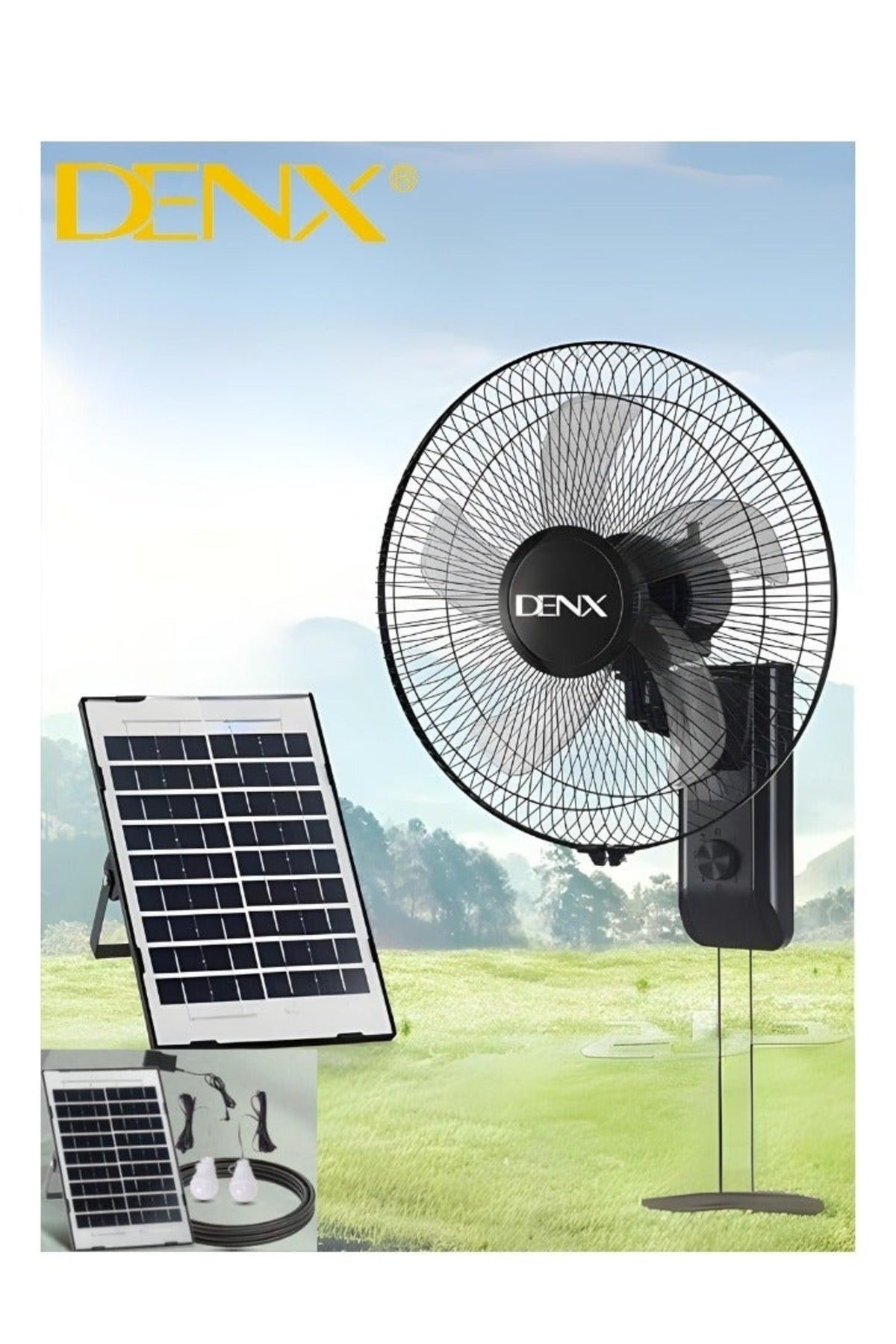 DENX 12V Solar Wall Fan with LED Light, Rechargeable Battery, Outdoor & Home DX2624 Black