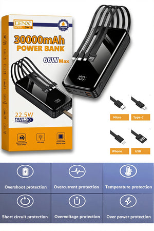 30000mAh Power Bank 66W Fast Charging Portable Charger Built-in Cables LED Display Quick Charge Powerbank, DX416