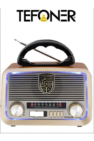 Vintage TE-SP025 radio with flashlight. Portable mini electric FM/AM radio. Electric radio with USB and memory card slots.