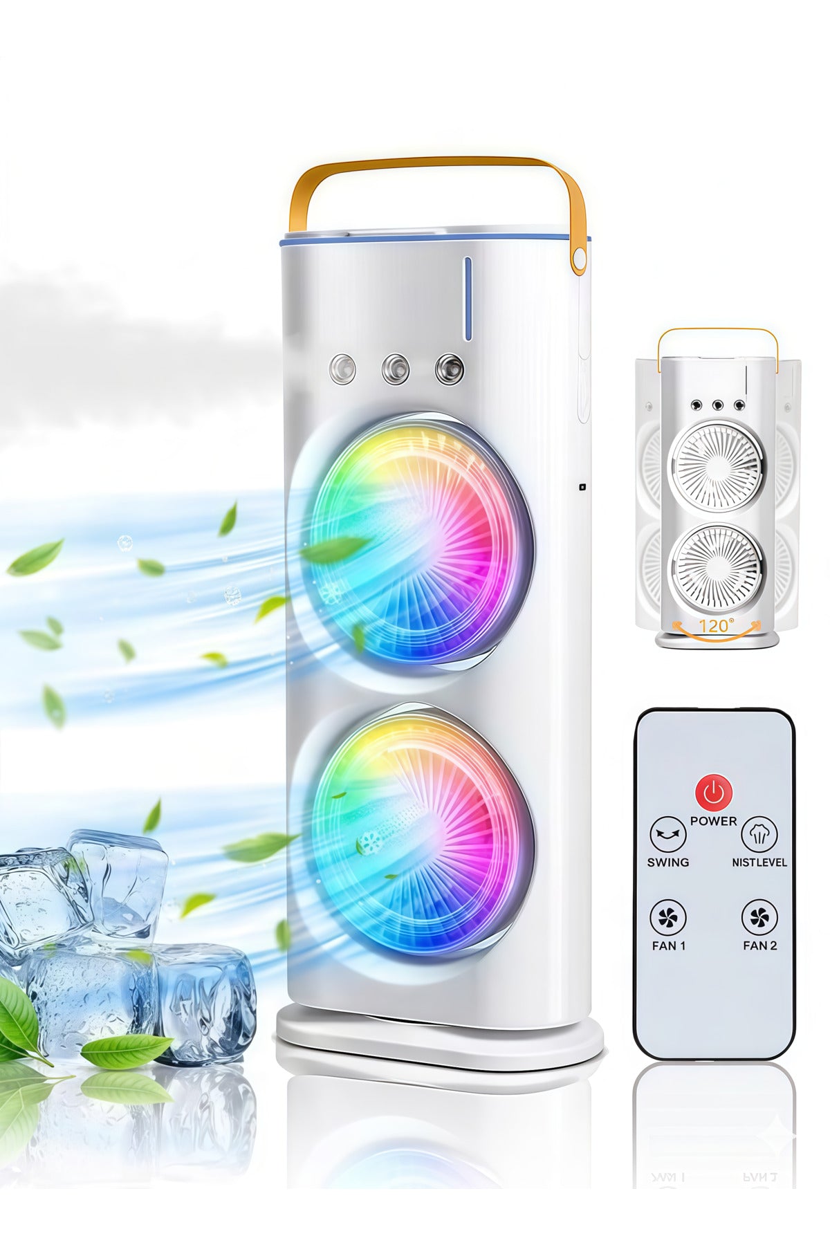 DENX Rechargeable Spray Fan with Remote, Dual Head Mini Tower Fan & Desk Fanwith Humidifier, DX2608