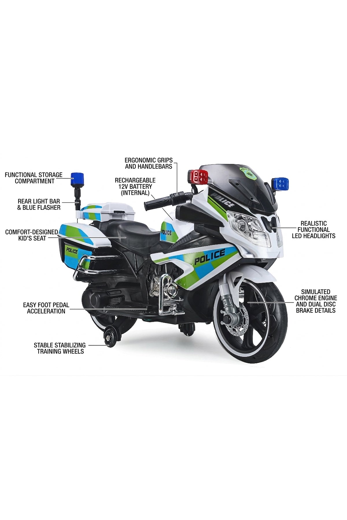 12V Kids Electric Police Motorcycle LED Lights Bluetooth Training Wheels Children Motorbike BM2230