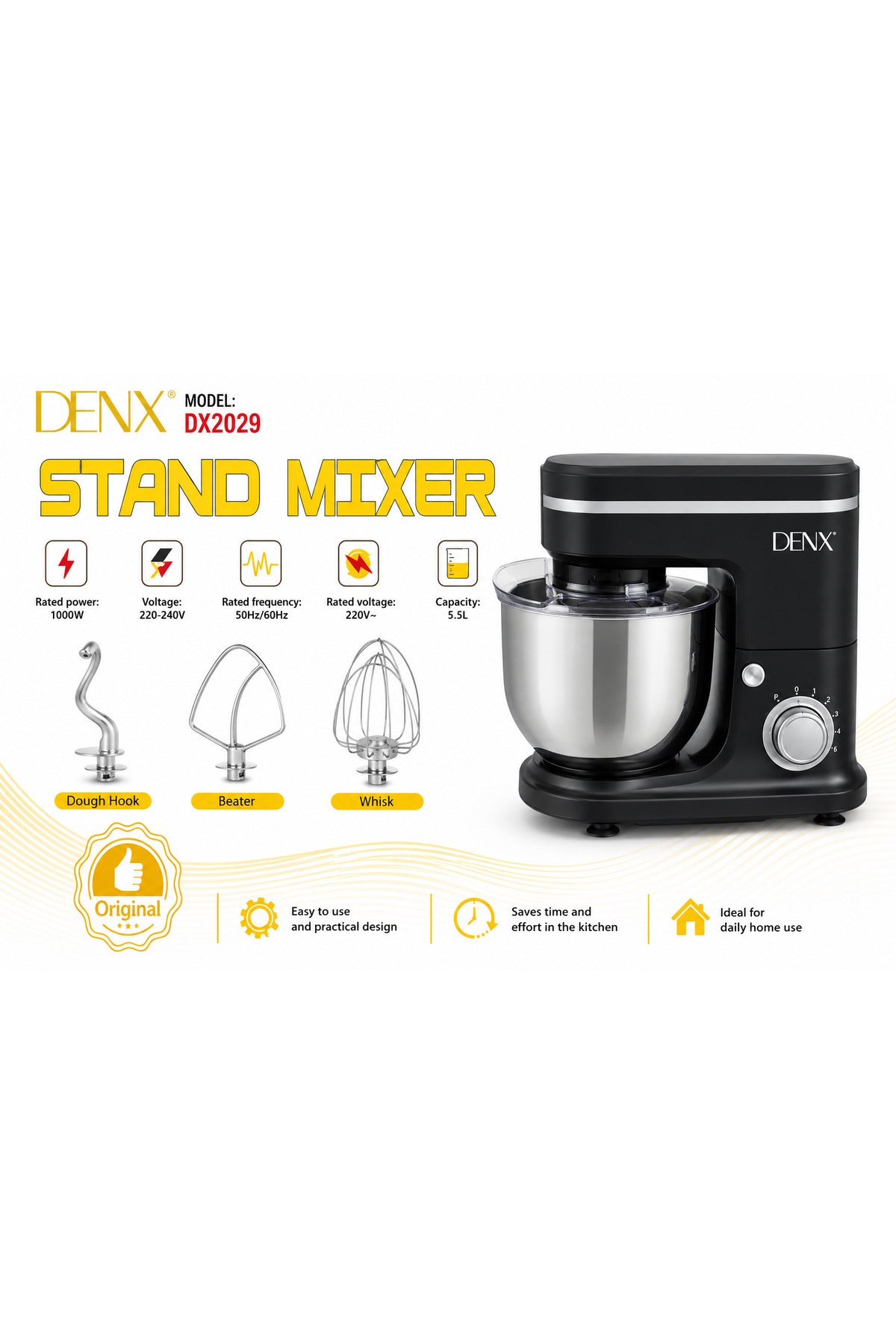Electric Stand Mixer 5.5L Stainless Steel Bowl 1000W Kitchen Mixer with 6-Speed Control Tilt-Head Design Dough Hook Beater Wh