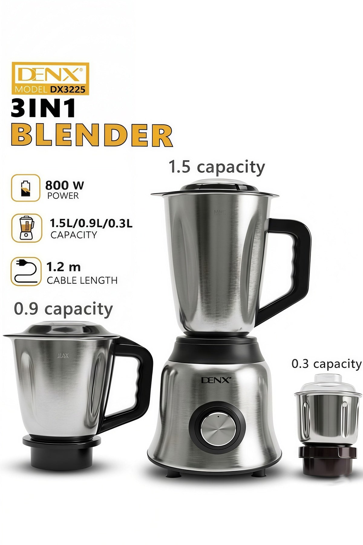 Dinex 3 in 1 Blender Set 800W Multi-Function Blender with 3 Jars High Speed Motor Food Processor Dx3225