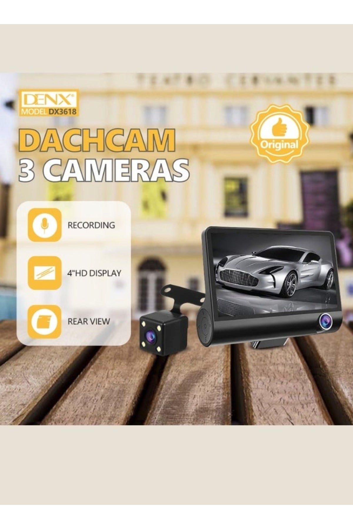Denx 3 Camera Dash Cam Front Rear Interior Triple Channel Vehicle Camera HD Display DX3618