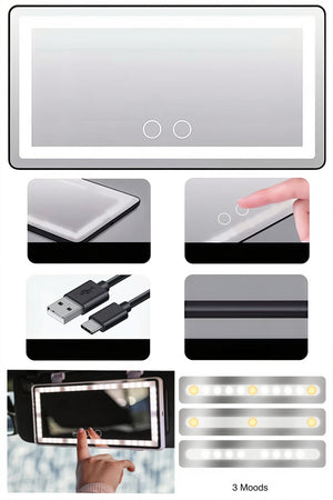 Rechargeable LED Light Mirror Car Vanity Makeup Mirror with Dimmable 3 Color Lights Touch Control