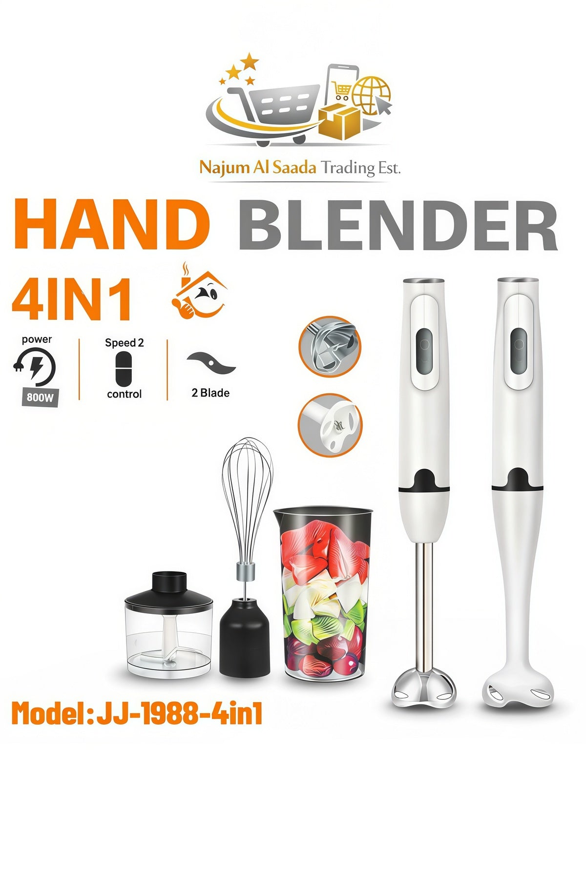 4-in-1 400W Electric Hand Blender with Chopper, 2 Speed Stainless Steel Blade Processor