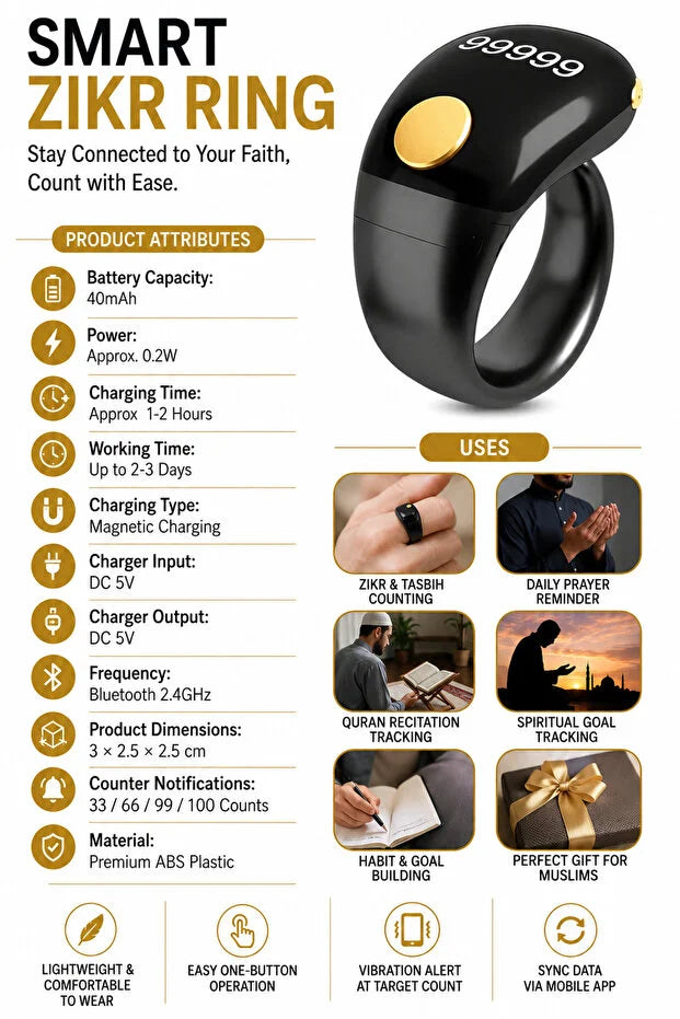 iTasbih Salam Smart Digital Tasbih Ring, Prayer Counter, OLED Display, 99,999 Dhikr Count