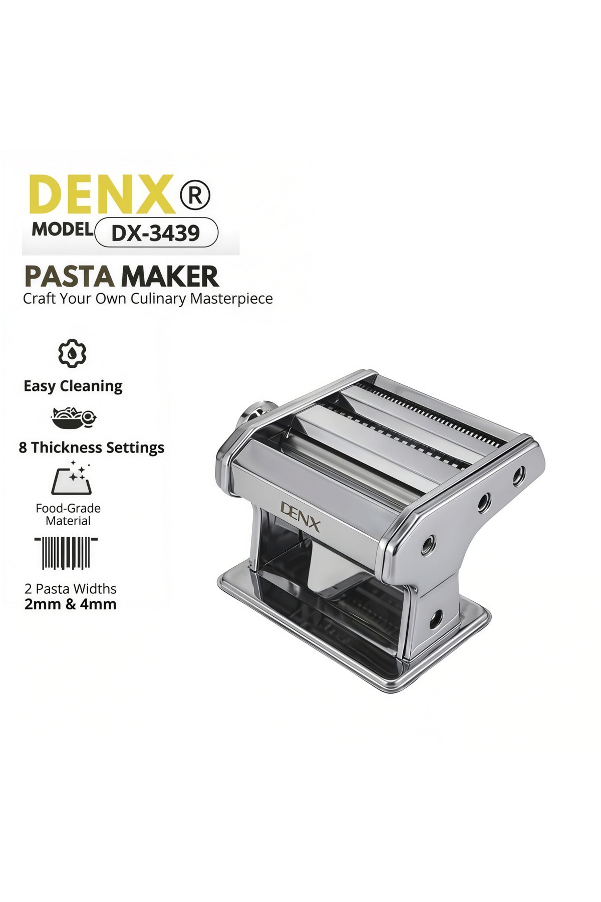 2-in-1 Manual Pasta Maker 8 Thickness Levels Dough Roller & Noodle Cutter 2mm 4mm Pasta Maker DX3439