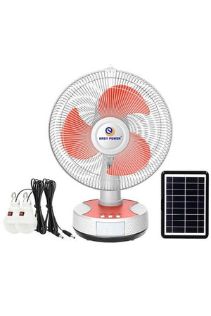 EASY POWER 12-Inch AC/DC Solar Fan with Solar Panel & 2 LED Bulbs, Rechargeable Table Fan, EP-2512