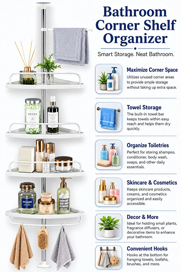 4-Tier Adjustable Bathroom Corner Shelf Organizer, Telescopic Corner Storage Rack, Shower Caddy Shelf, Bathroom Accessories Organizer, Space Saving Corner Rack