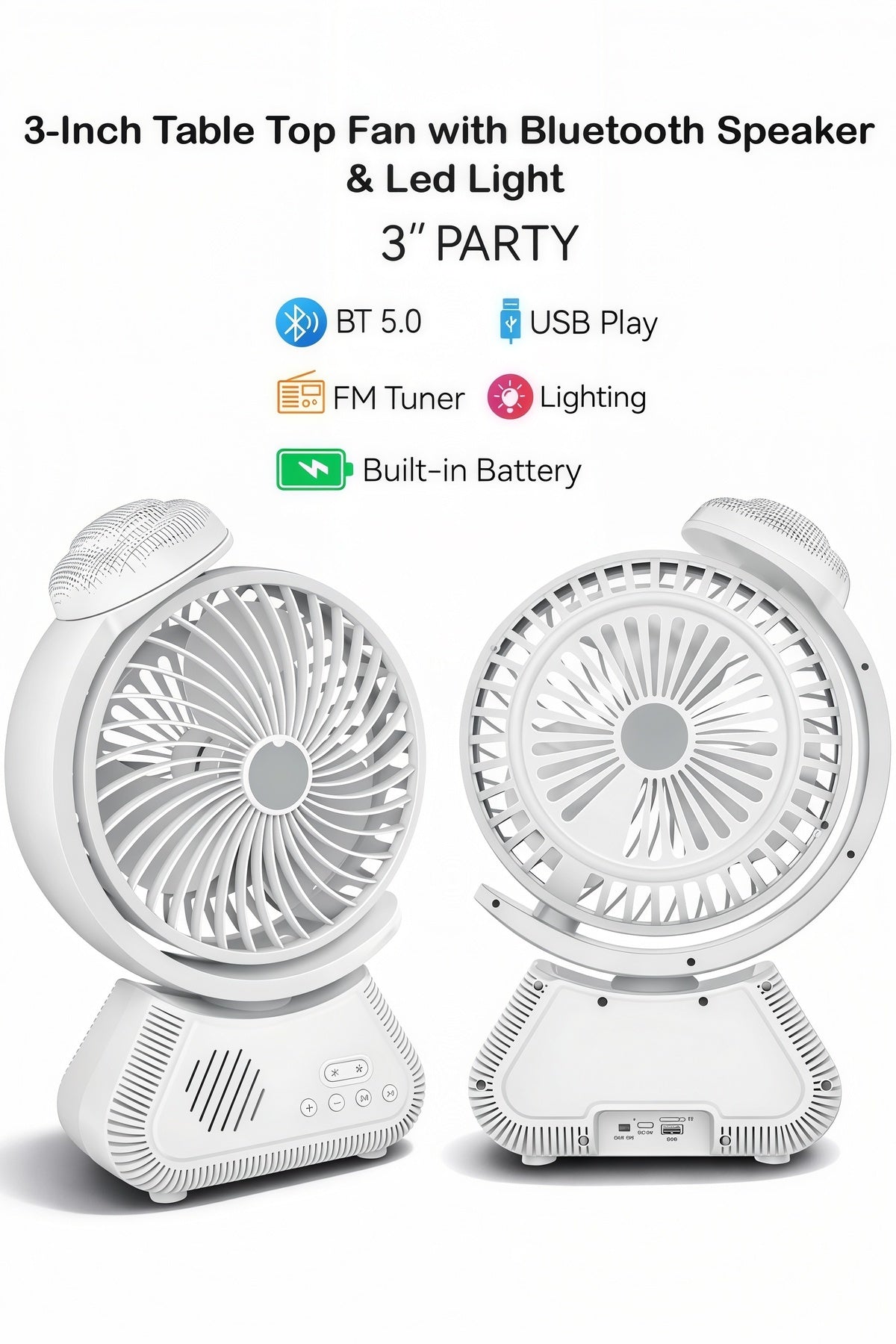 Rechargeable Table Top Fan with Bluetooth Speaker & Led Light, Wireless Mini Fan Speaker