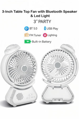 Rechargeable Table Top Fan with Bluetooth Speaker & Led Light, Wireless Mini Fan Speaker