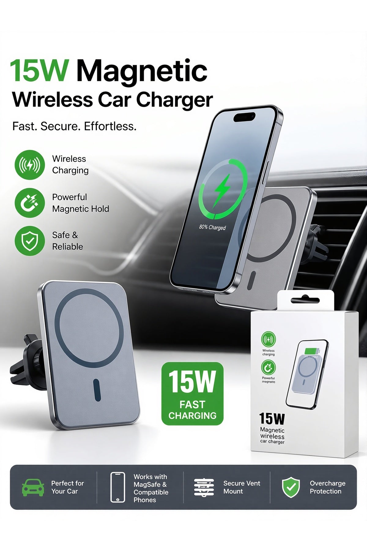 15W Magnetic Wireless Car Charger, Fast Charging Magsafe, Compatible Car Phone Holder, Air Vent Mount, Smartphone Wireless Ch