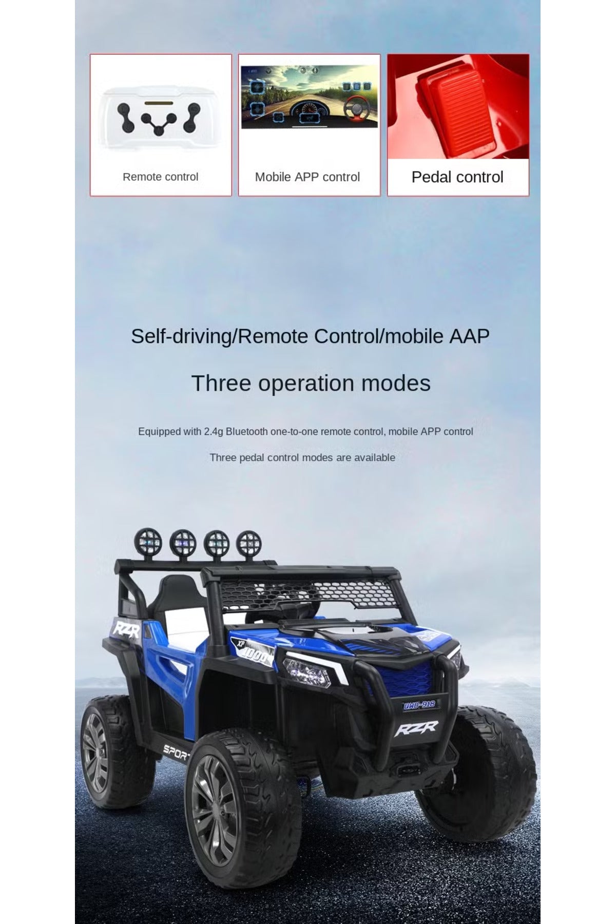 12V Kids Electric Rechargeable Jeep Car Remote Control, MP3, USB, LED Lights RZR Style Car BC1192