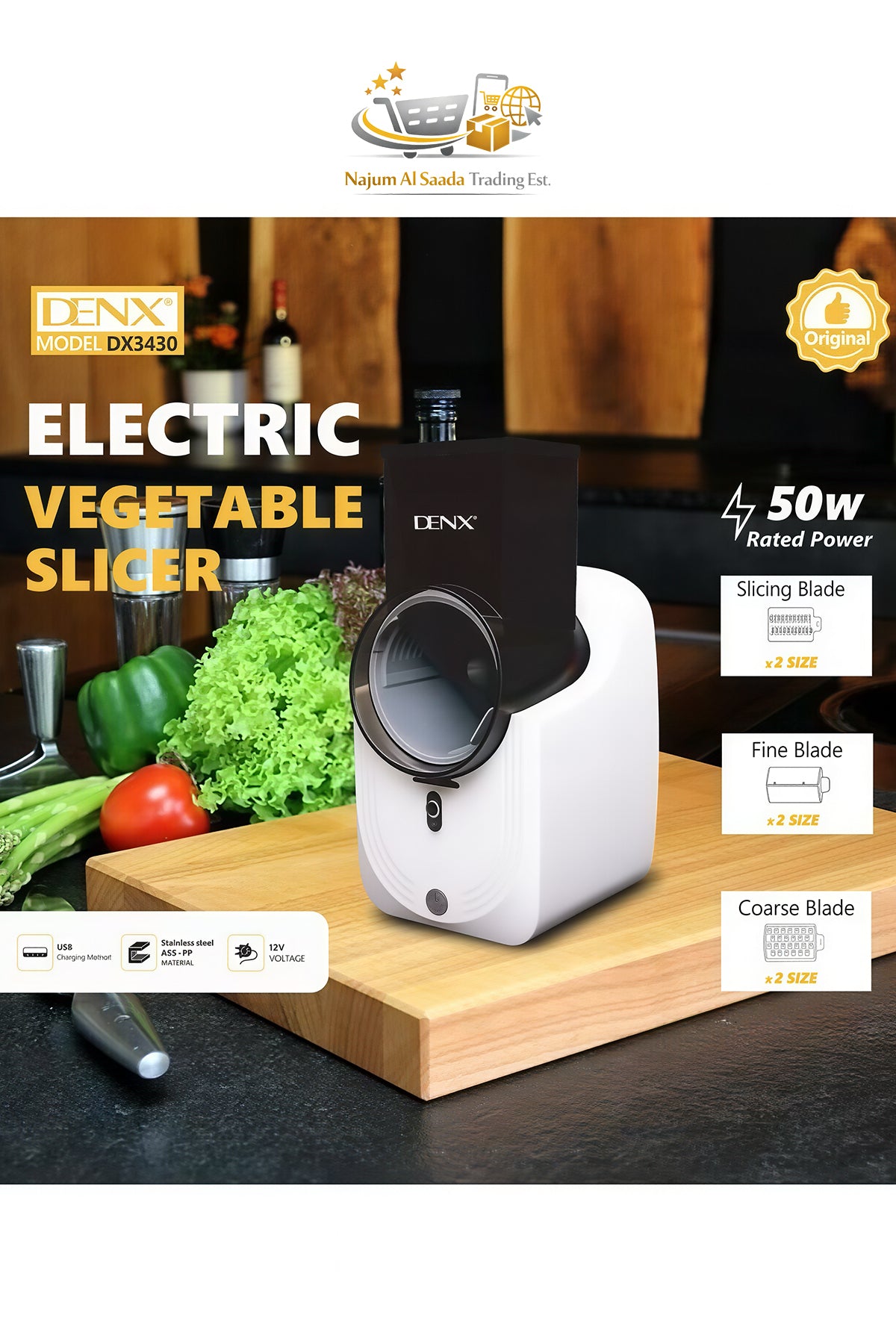 DENX Electric Vegetable Slicer, Salad Shooter, Electronic Fruit Shredder, 3 Type Blades, DX3430
