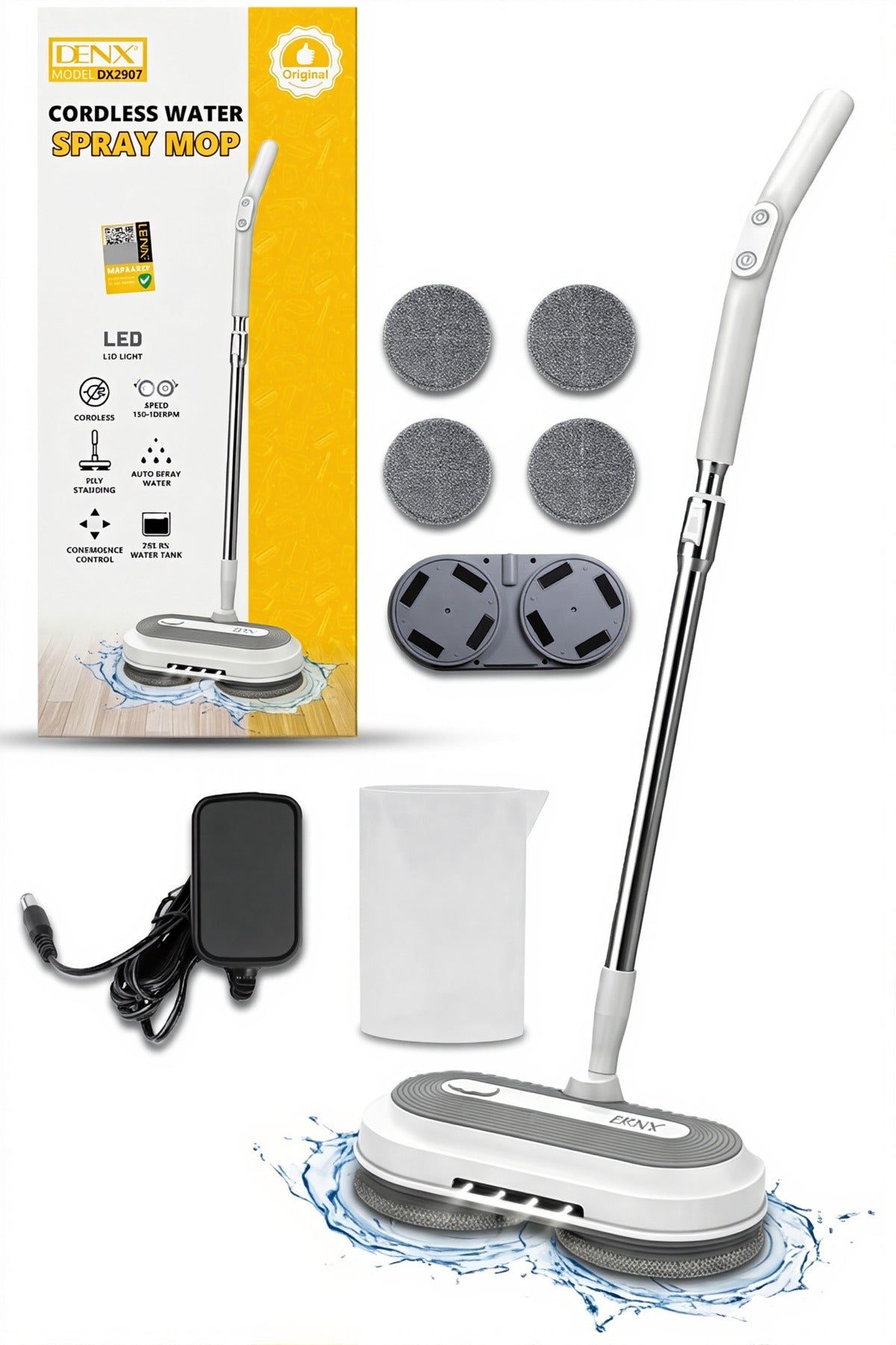 DENX Cordless Electric Spin Mop Floor Cleaner Water Spray Steam Mop 290ml Tank, LED Light DX2907