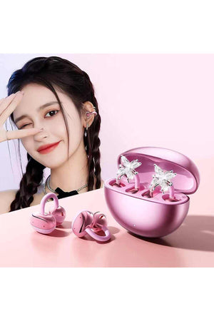 Jewelry Inspired Clip On Earbuds Wireless Headphones for Women, Sports & Workouts (Pink)