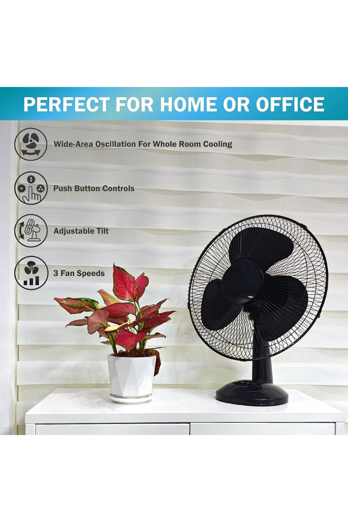 16-Inch Table Top Fan, Quiet Oscillating Desk & Pedestal Fan for Bedroom, White/Black, DX2546