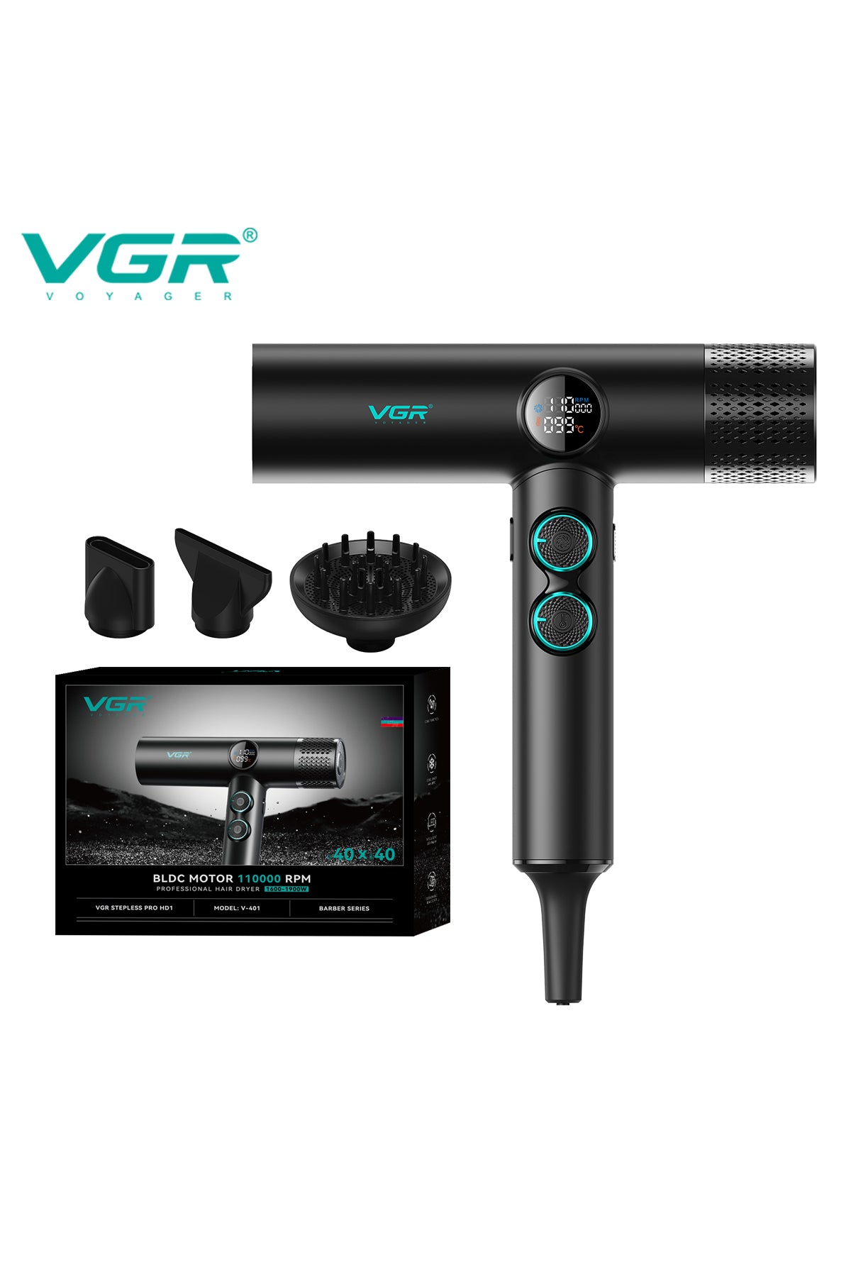 V-401 is a PREMIUM Hair Dryer with Heat Control from 40°C to 100°C & High-speed Motor - 110,000 RPM