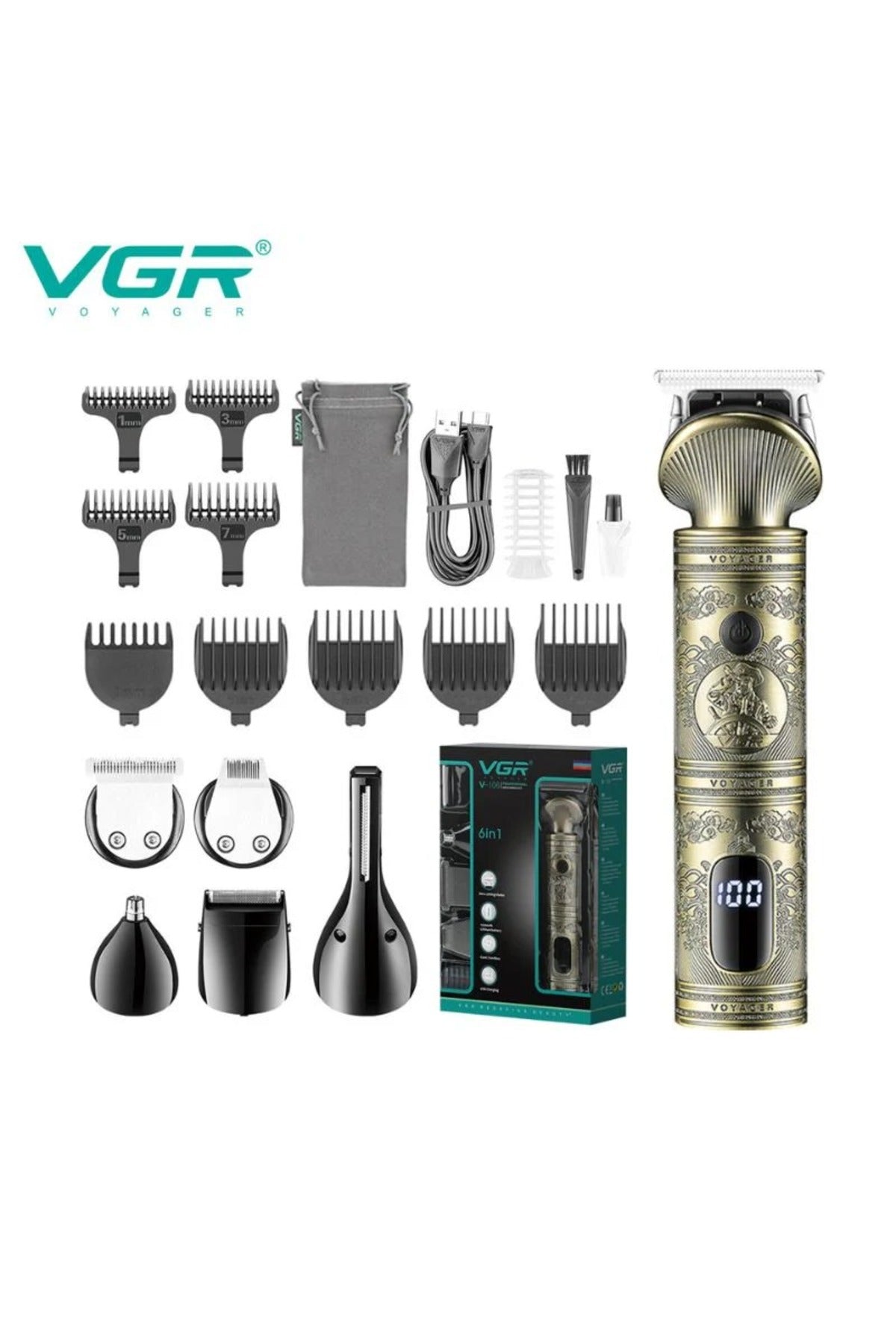 6-in-1 Hair Clipper and Trimmer, 1200 Mah, 90 Minutes, 10 Guide Combs, Led Display (V-106)