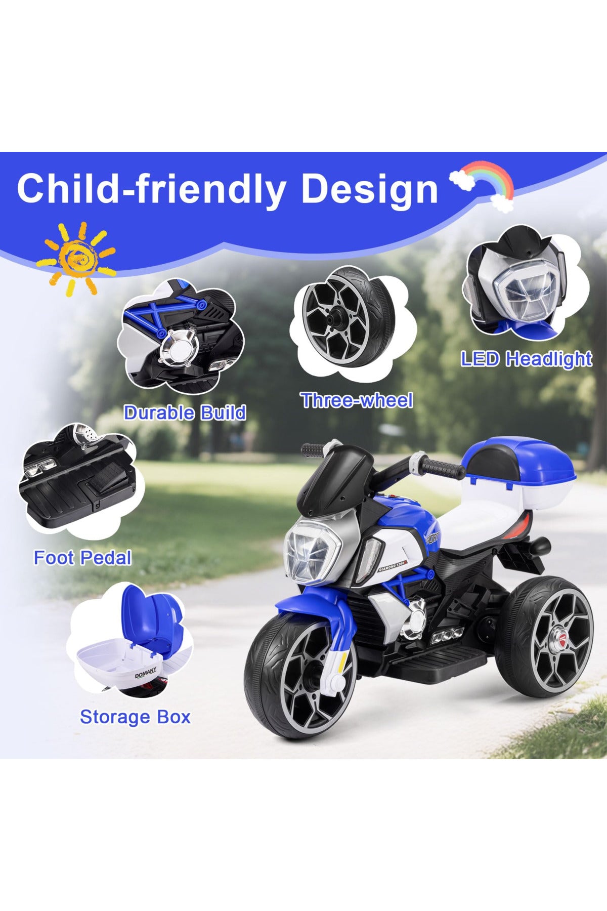 12V Kids Electric Ride-On Motorcycle Battery Powered Bike LED Lights, MP3, USB, 3 Wheels Toy BM2208