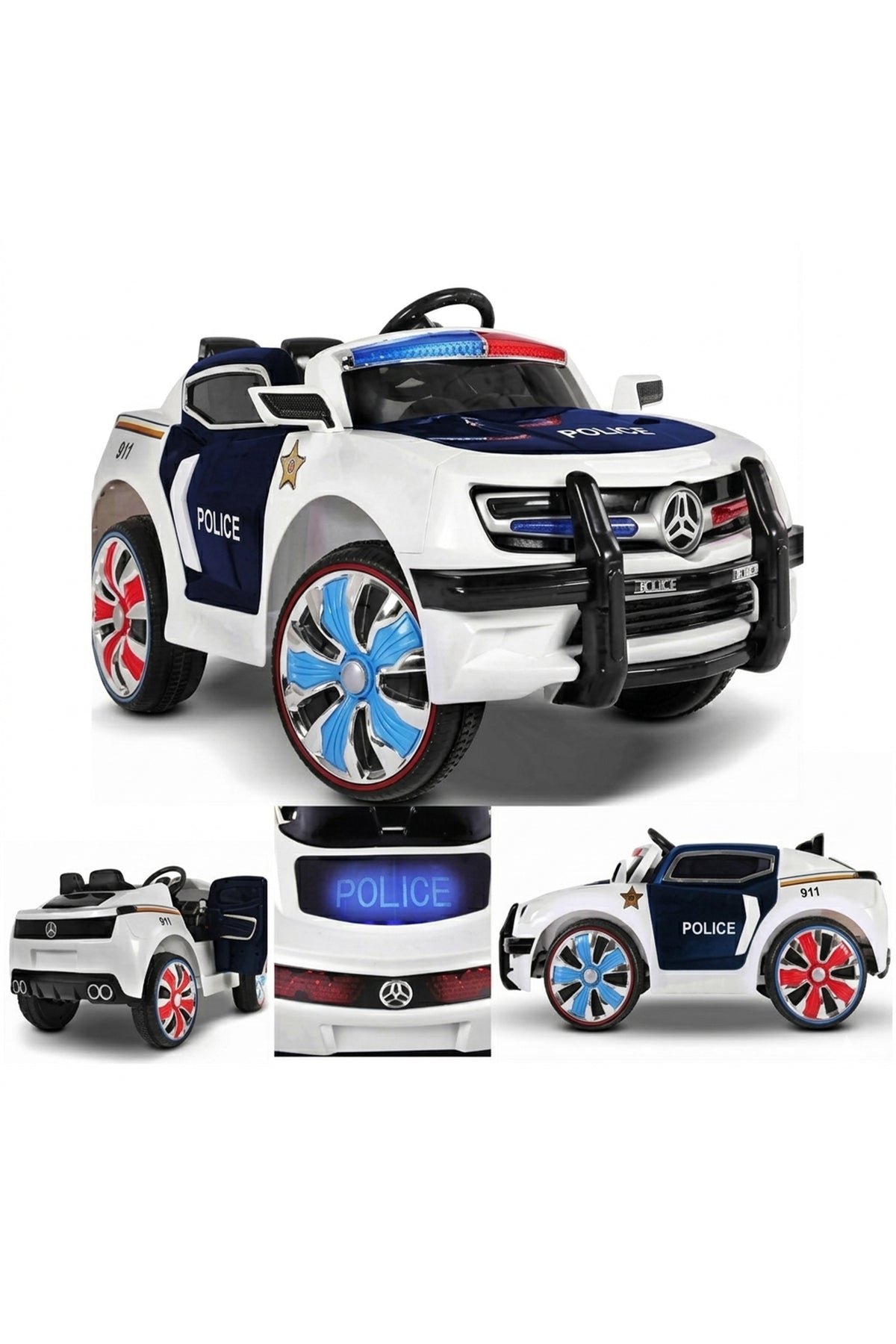 12V Kids Electric Police Car Remote Control LED Lights MP3 BT USB Rechargeable Battery BC1202