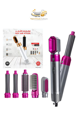 5-in-1 Hot Air Styler 1200W, Hair Dryer, Curler & Volumizing Brush with 5 Attachments White/Pink
