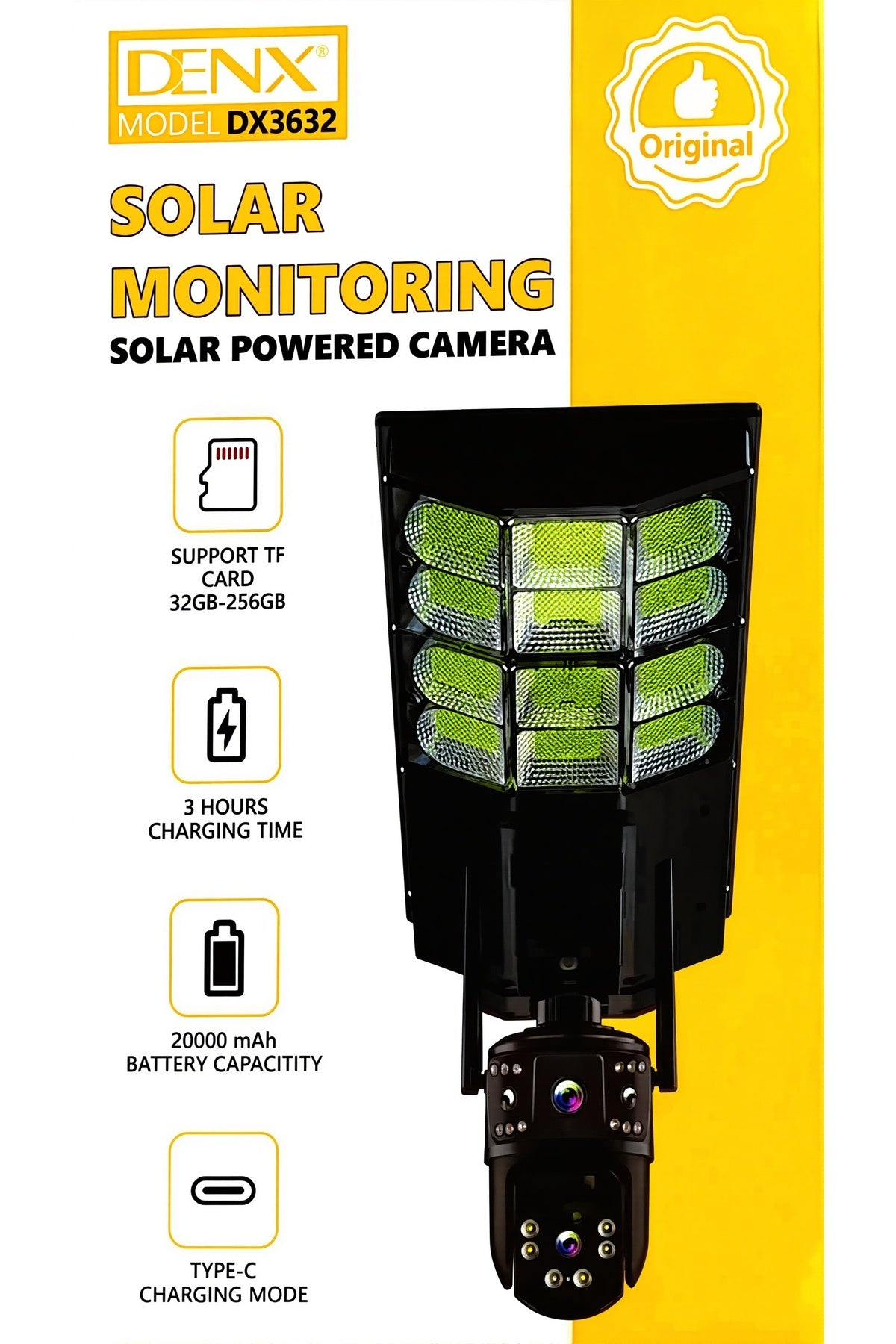 DENX Solar Monitoring Camera Outdoor Security 20000mAh Battery, TF Card Support Type-C Charge DX3632