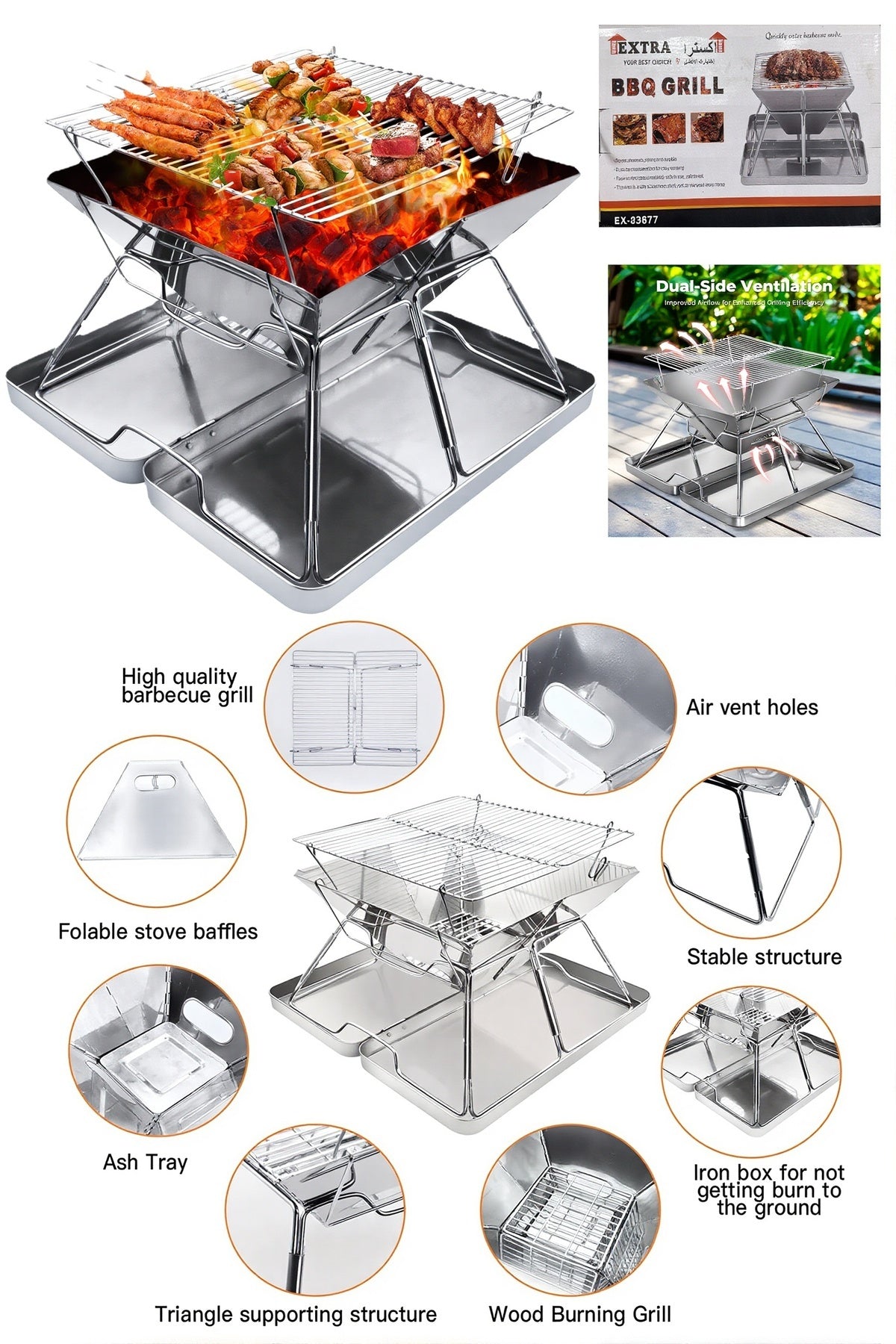 EXTRA Home Foldable BBQ Charcoal Grill Fire Pit Outdoor Barbecue Camping Grill EX-83677