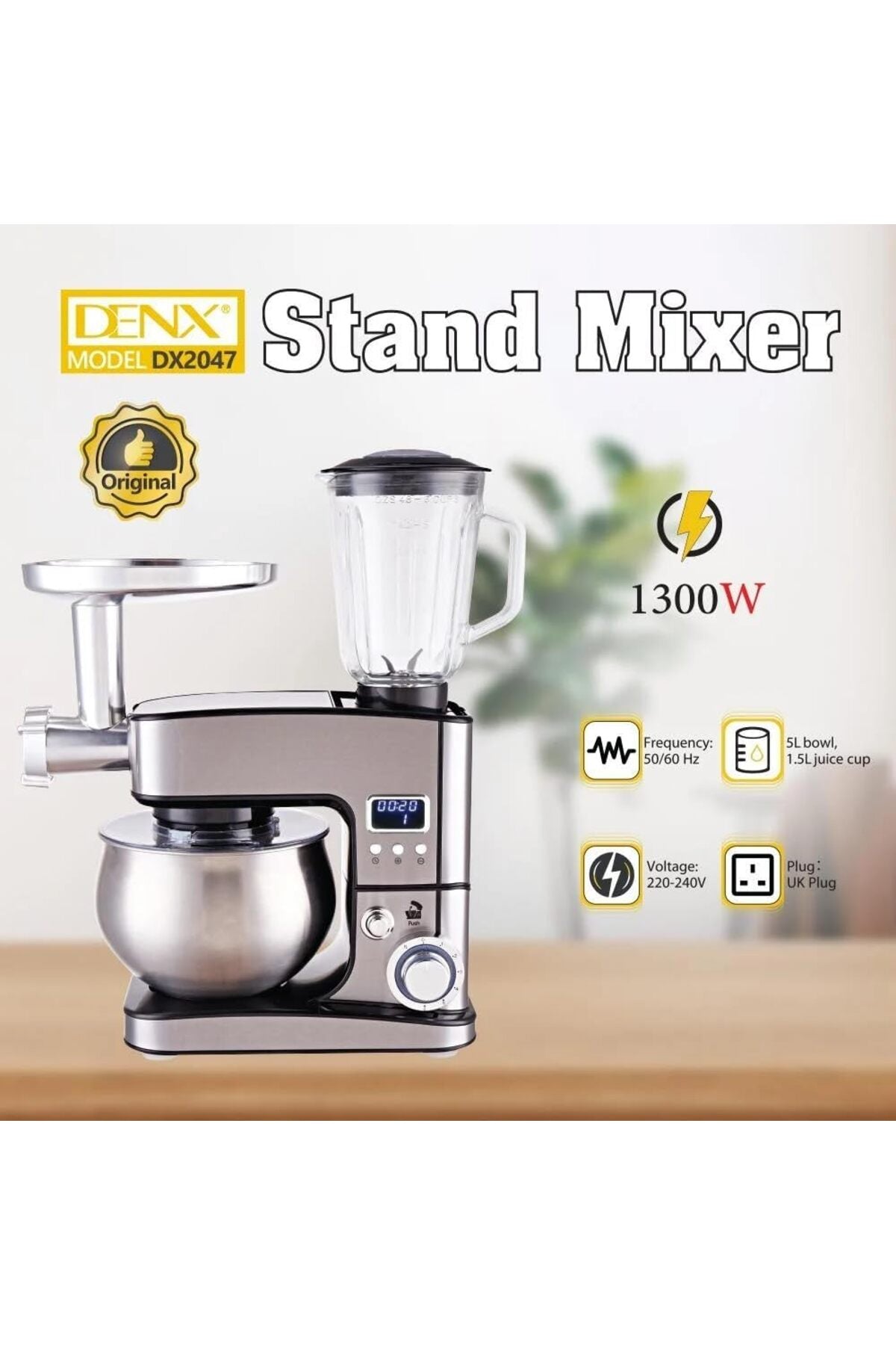 1300W Stand Mixer, Food Processor and Meat Grinder With 5L Steel Bowl & 1.5L Blender, DX2047