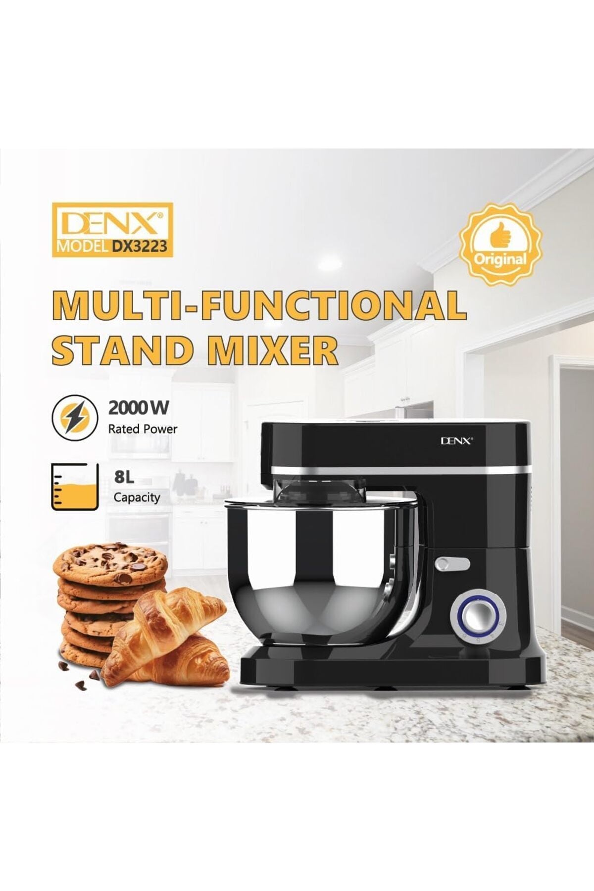 2000W Stand Mixer 8L Stainless Steel Bowl, Electric 6 Speed Dough Kneader & Mixer, DX3223