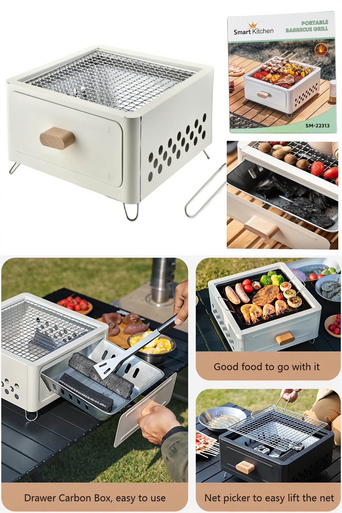 Smart Kitchen Square Barbecue Grill Charcoal Mini BBQ Camping Grill, Removable Charcoal Tub SM-23313