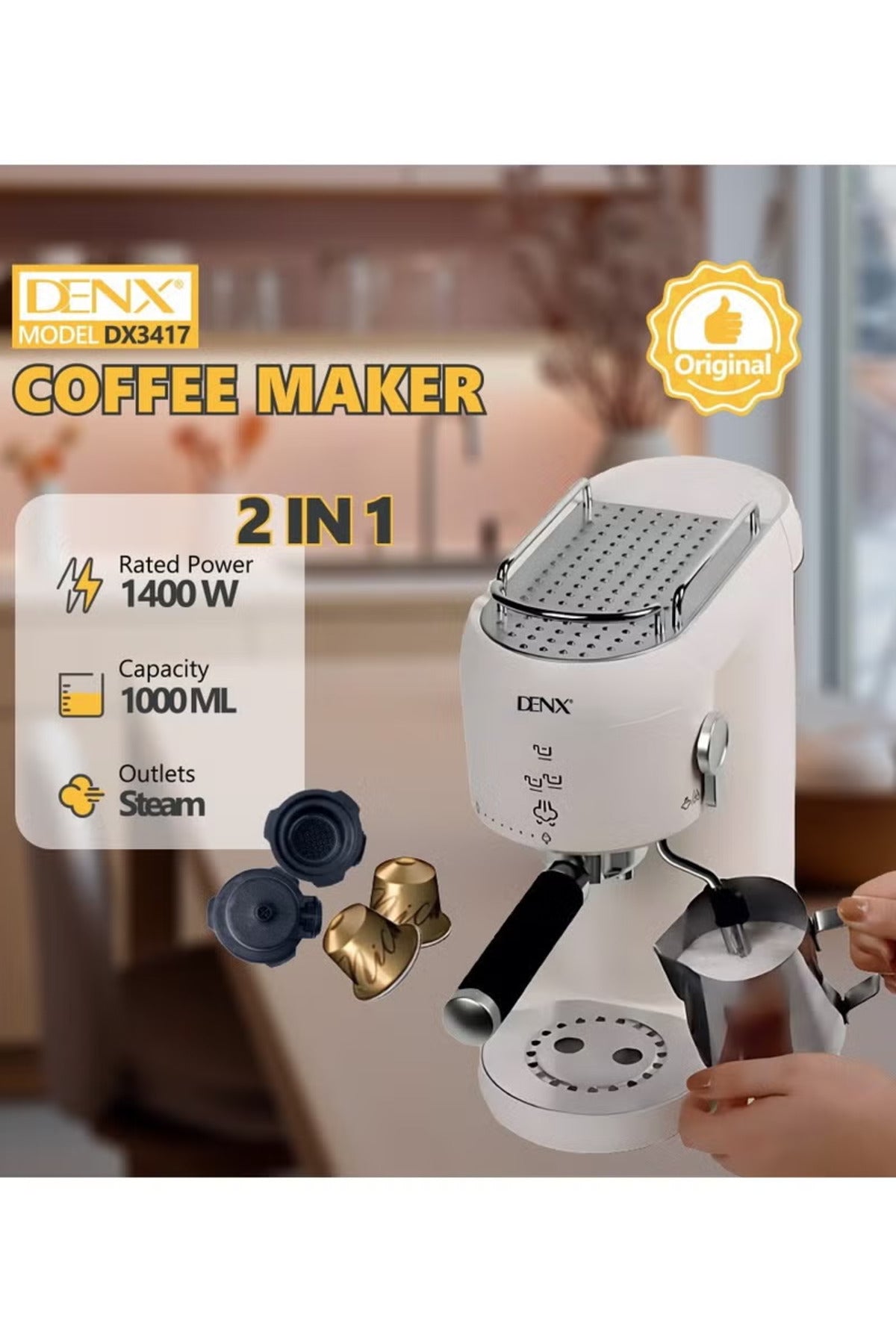 2-in-1 1400W Electric Coffee Machine 20 Bar Pressure Automatic Machine, 1L Water Tank DX3417