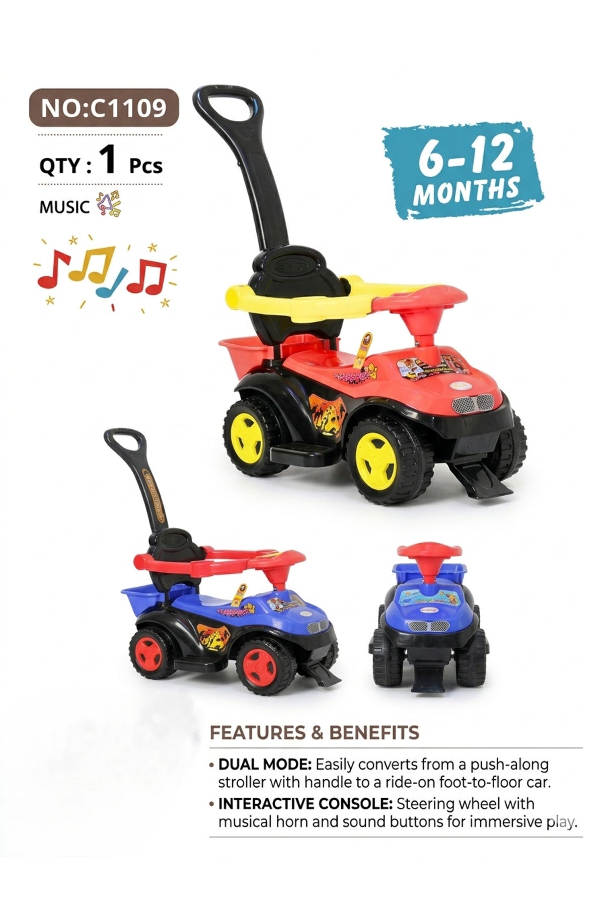 Baby Push Ride On Car Toddler Walker with Music & Steering Horn & Parental Push Handle C1109