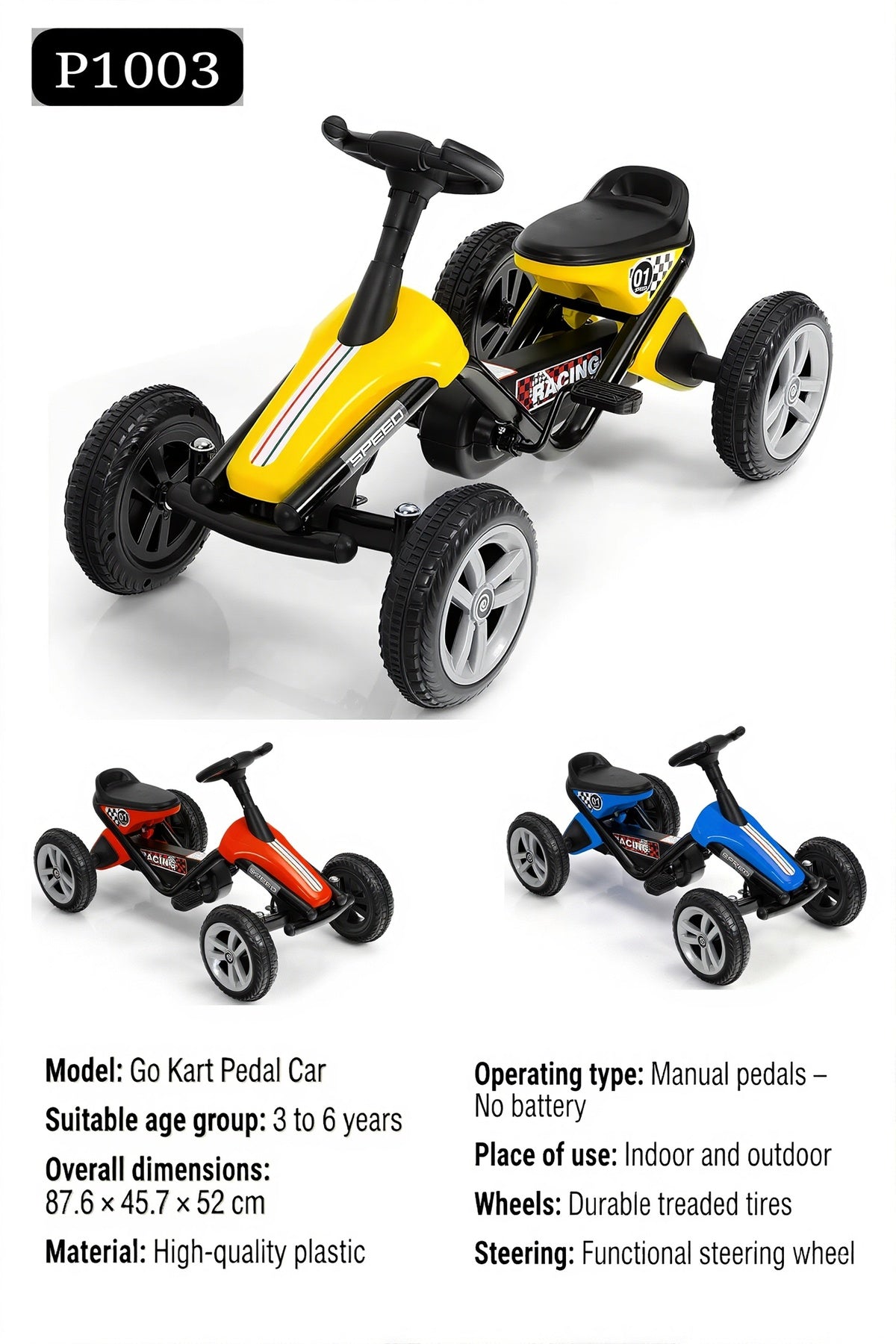 Kids Pedal Go Kart Car Manual Ride On Steering Wheel & Wheels No Battery Toddler Racing Kart P1003