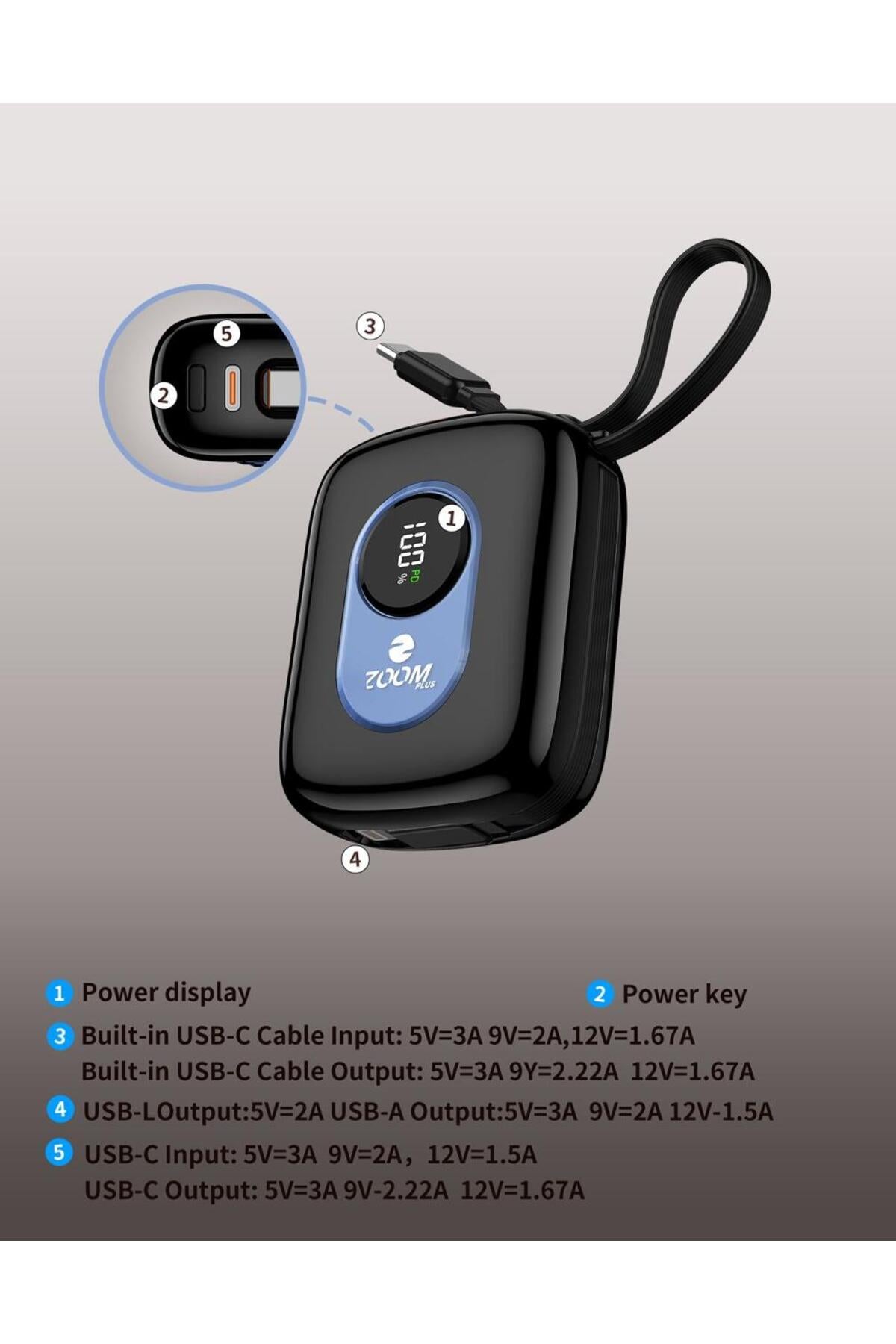 10000mAh Super Fast Power Bank, Sleek and Compact Design with Built-in Cables, 22.5W Power