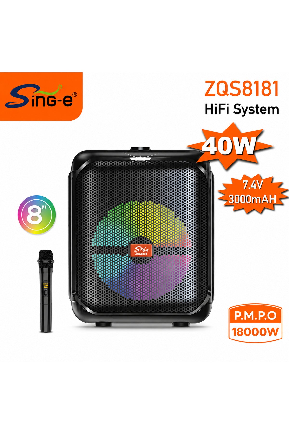 Portable Bluetooth Party Speaker 8 Inch with Wireless Microphone, 30W HiFi Sound, RGB LED Lights, TWS Stereo Pairing ZQS8181