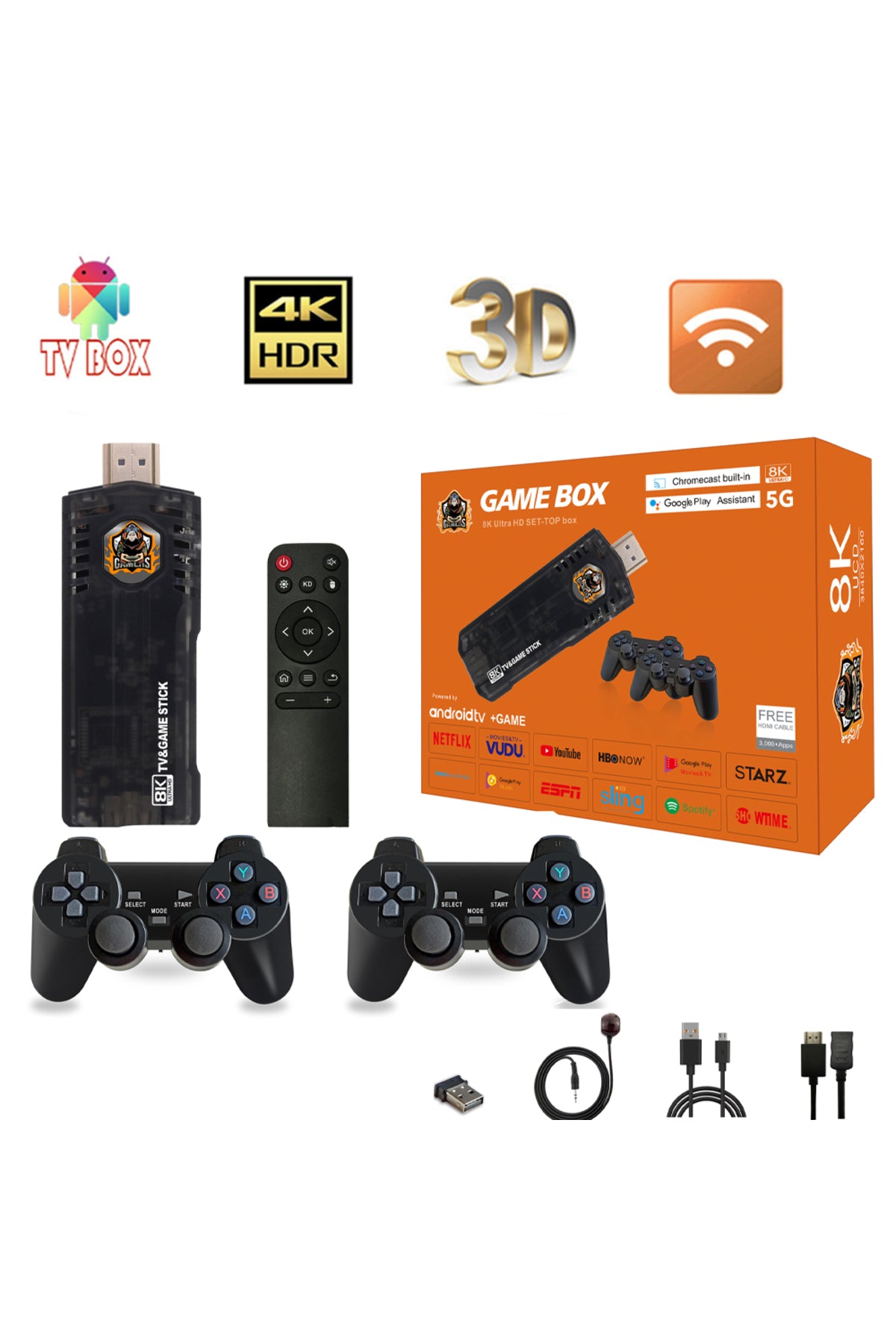 8K Ultra HD Android TV & Game Stick – Dual Wireless Controllers, Mini Smart Gaming Console