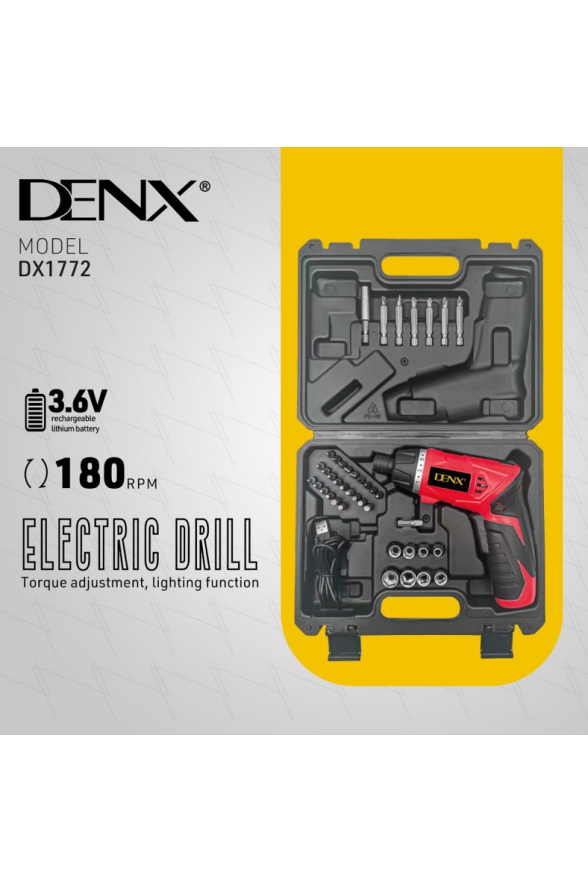 Denx Electric Drill, Smart Cordless Screwdriver Set 1300mAh, 40 Piece Bit Kit 180 RPM Speed DX1772
