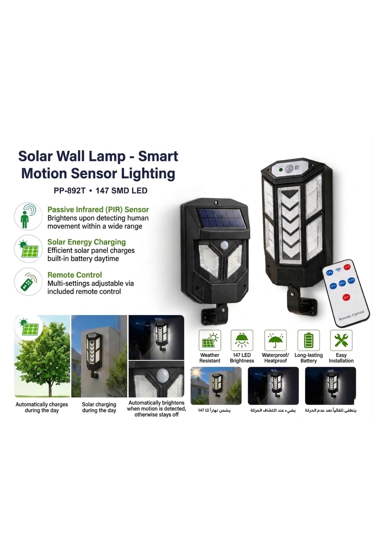 147 LED Solar Wall Light with Motion Sensor & Remote Control Wireless Outdoor Waterproof Lamp for Garden, Yard, Patio, Fence