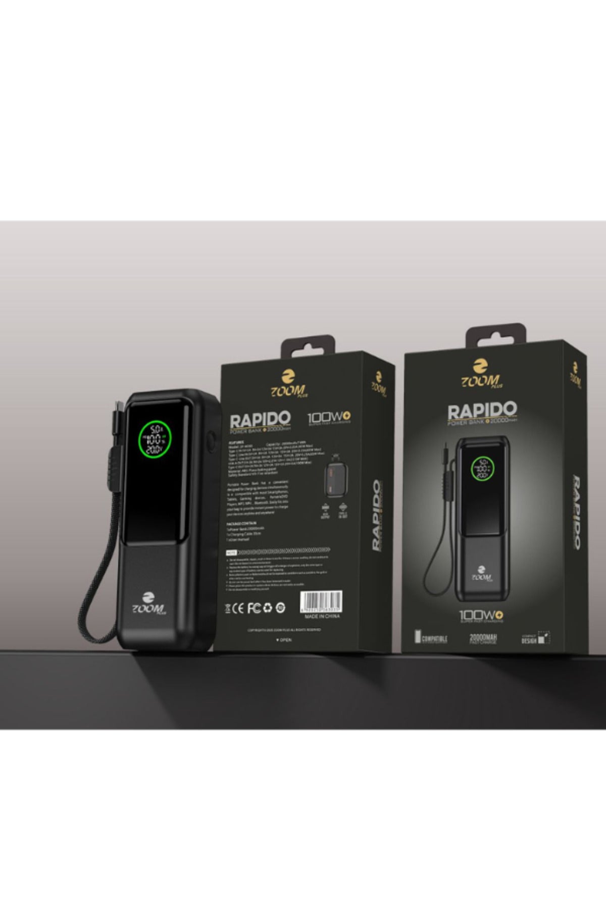 RAPIDO ZP-W200 Power Bank 20000mAh | 100W Super Fast Charging| PD/QC | Built-in Type-C Cable