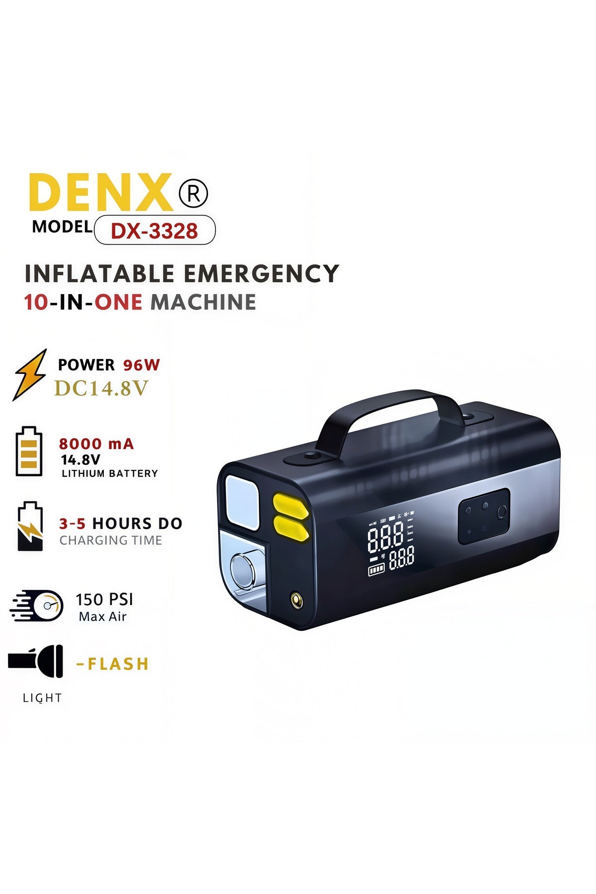 DENX 10-in-1 Inflatable Emergency Machine Car Air Compressor & Jump Starter Tire Inflator DX3328