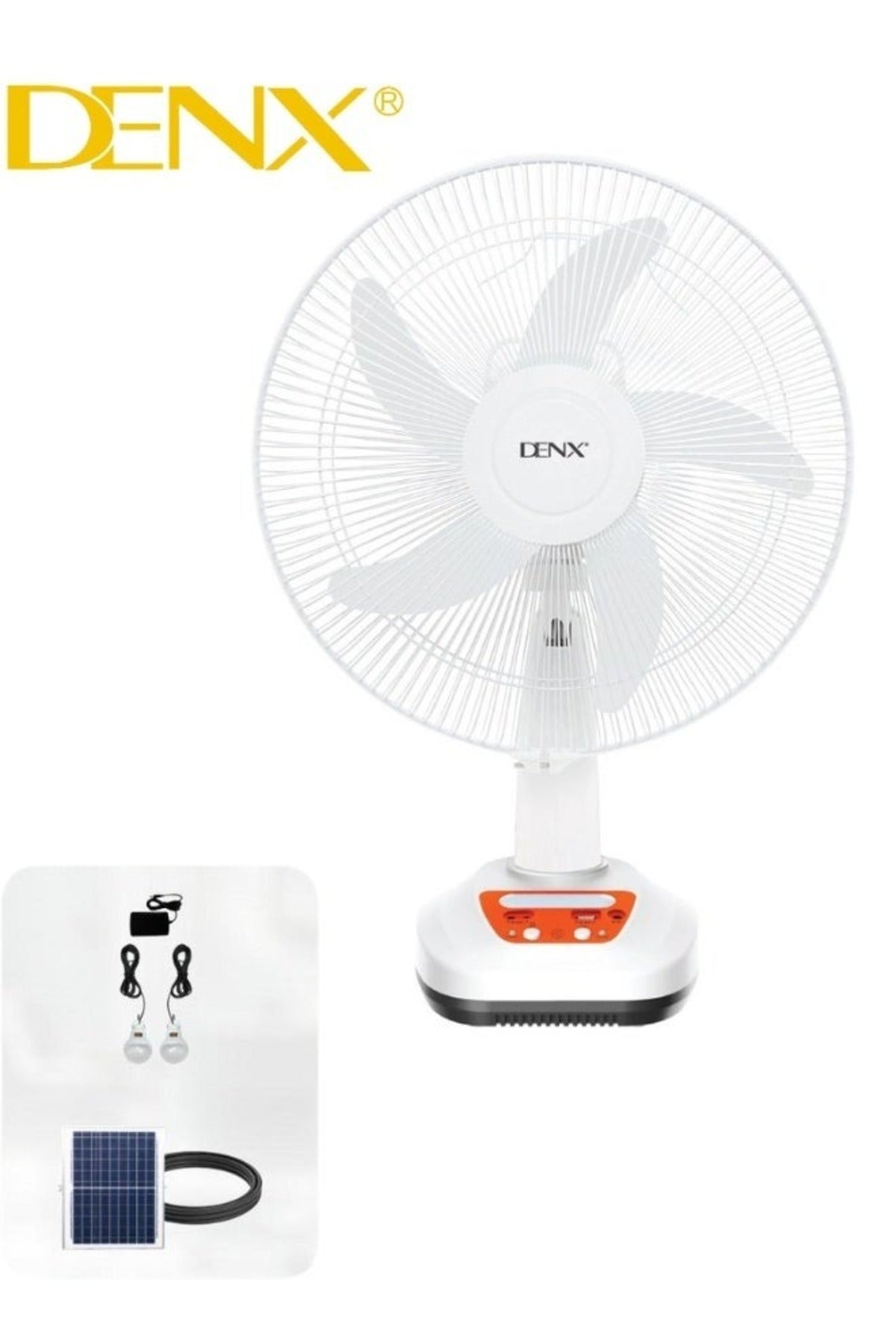 DENX 16-Inch Rechargeable Solar Table Fan With Solar Panel & 2 LED Bulbs, Portable Desk Fan, DX2615