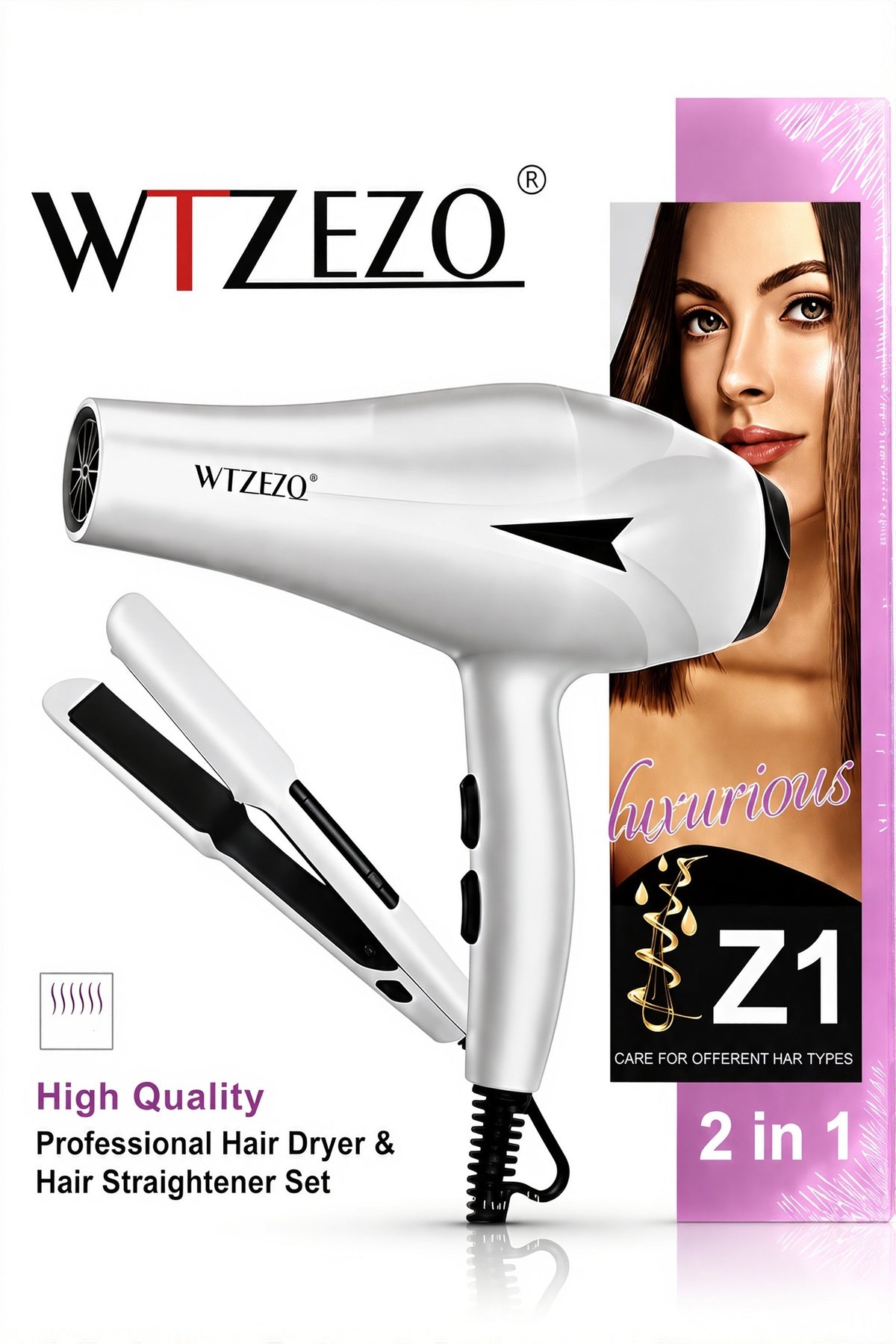 WTZEZO 2 in 1 Hair Dryer and Hair Straightener Set, Blow Dryer + Flat Iron, Hair Styling Kit, Z1