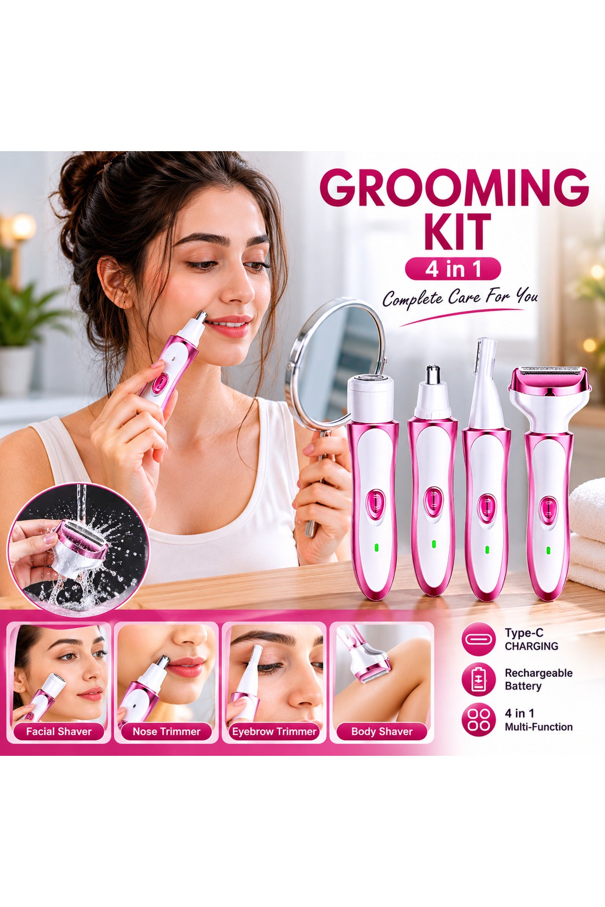 4-in-1 Women Electric Hair Removal Kit Cordless Face & Body Grooming Trimmer Set Bikini, Legs, Arms, Eyebrow & Nose Hair Remo