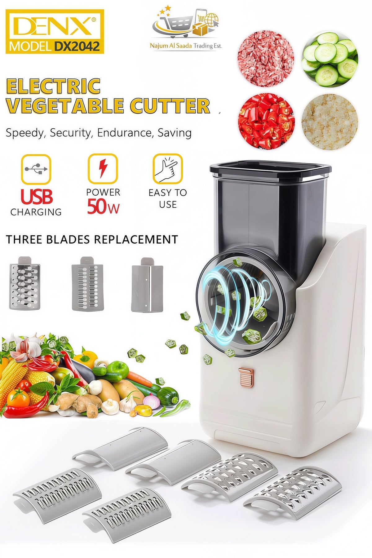 DENX Electric Vegetable Cutter & Cheese Grater, USB Rechargeable Food Chopper, White/Green, DX2042